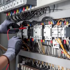 Elektryk w szarych rękawicach mierzy napięcie w skrzynce z przewodami.